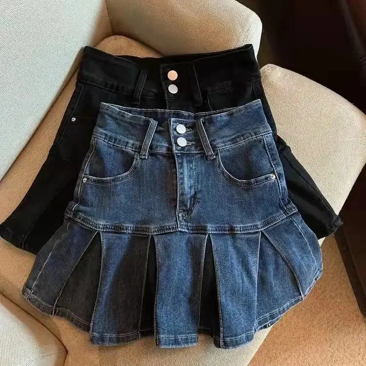 

Girls Korean Version Pleated For Spring And Summer New Washed Soft Denim Elastic Waist Anti Glare A-Line Short Skirt