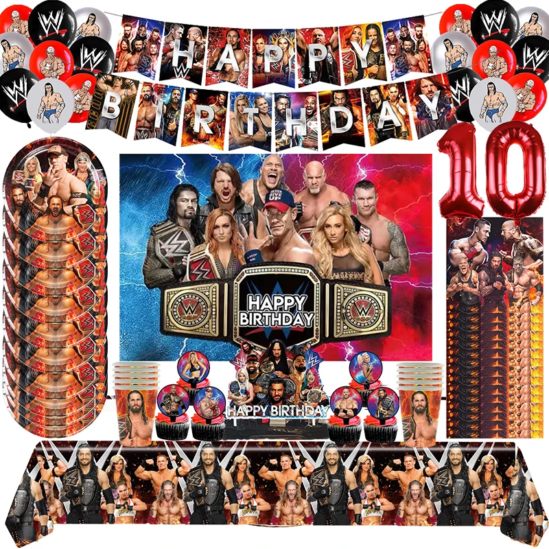 

Wrestling Triathlon Party WWE Birthday Party Decoration Tableware Supplies Latex Balloon Backdrop Banner Cake Topper Baby Shower