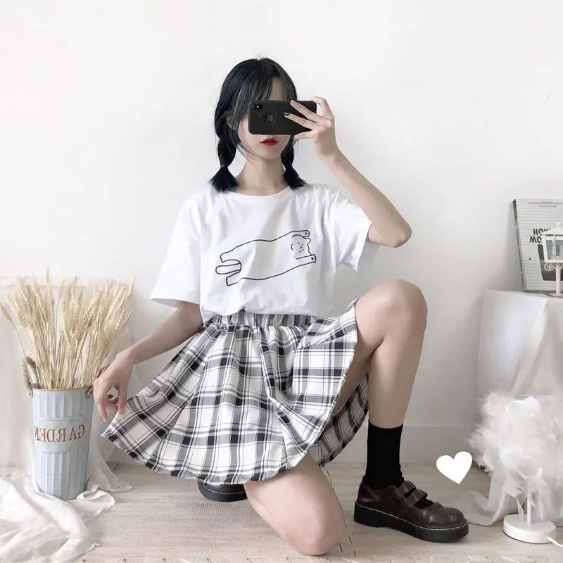 slazenger skort JMPRS Harajuku Plaid Skirt Women Kawaii Cute High Waist A-line Mini Skirt Summer Soft Girl Japanese Style Lolita Streetwear pleated midi skirt