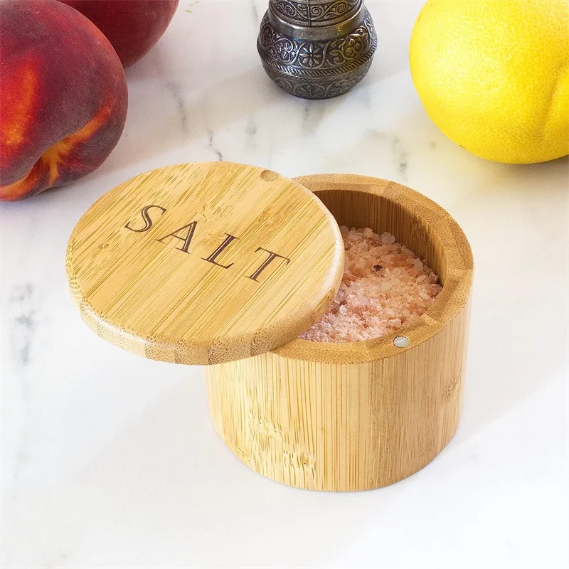 Bamboo Salt Cellar Storage Box Magnetic Swivel Lid Salt Jar Condiments Storage seasoning jar