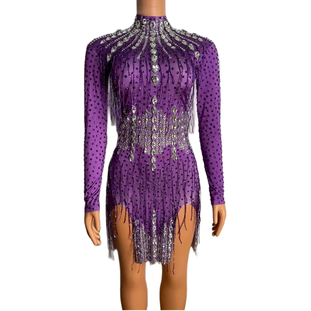 

Purple Shining Rhinestones Tassel Sexy Long Sleeves Dress For Women Nightclub Prom Clothing Stage Singer Costume Evening Wears