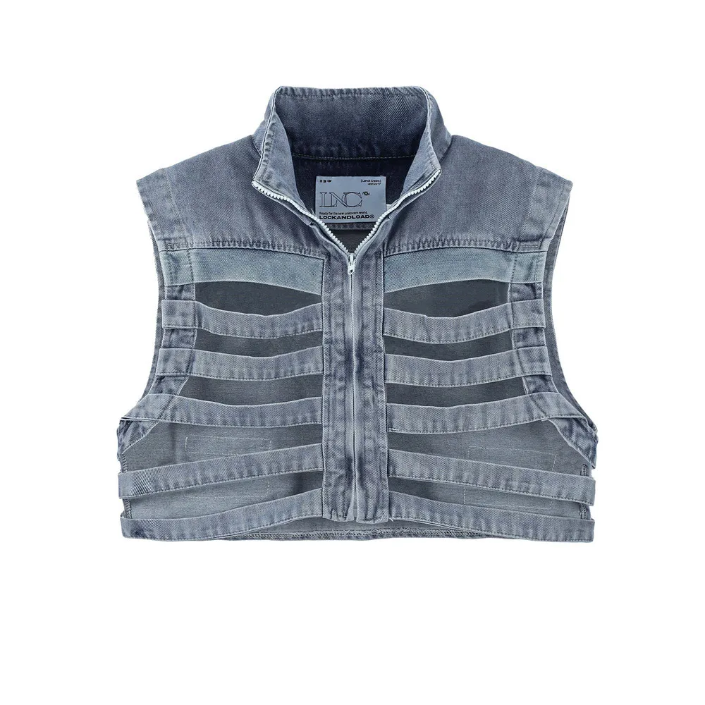 

High Street Denim Vest Men Washed Skeleton Hollowed Out Standing Collar Jacket Blue Vintage Loose Zipper Sleeveless Coats Spring