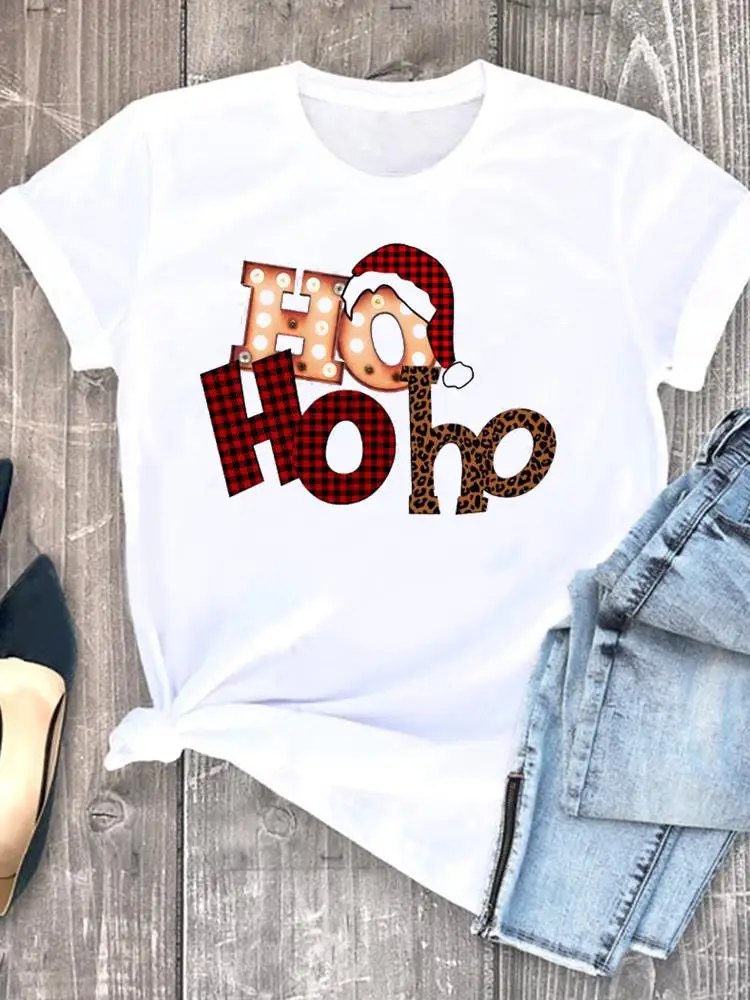 

Print O-neck New Year Graphic T-shirt Christmas Women Plaid Trend Lovely Style Clothes Fashion Lady Casual Female Shirt Tee