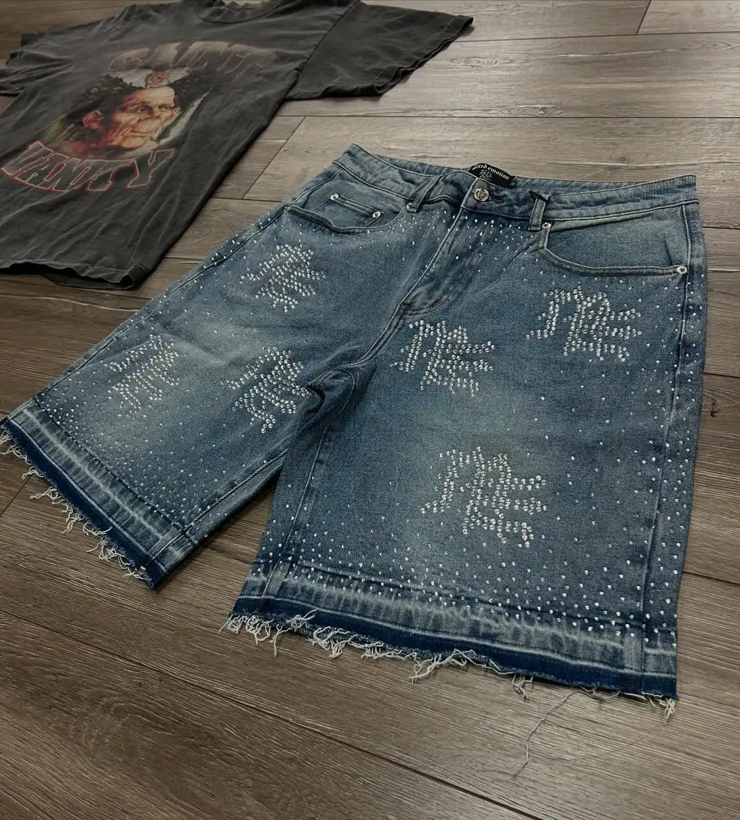 Streetwear Mens Vintage Rhinestone Sequin Denim Shorts Y2K Jeans Hip Hop Baggy Denim Gym Shorts Casual Basketball
