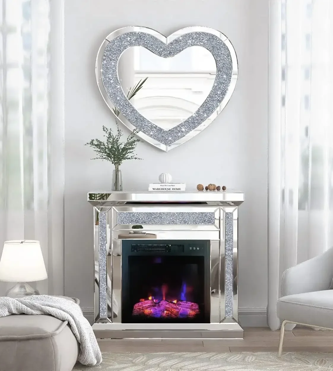 SHYFOY 31" Heart Shaped Accent Wall Mirror, Silver Crystal Diamond Wall Decor for Living Room Home Decoration