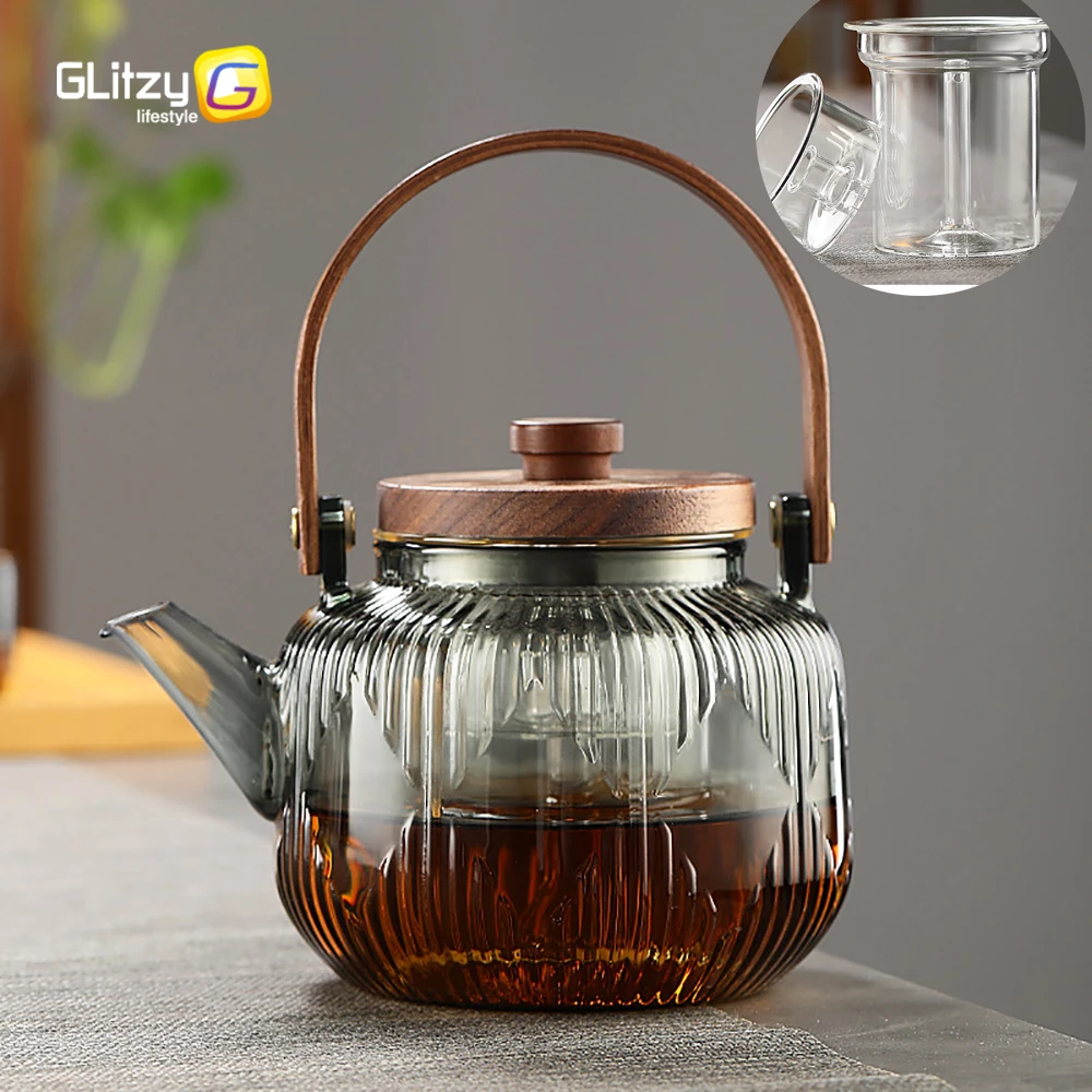 Glass Teapot with Infuser Strainer 500ml 17oz Heat Resistant Stripe Embossed Kungfu Puer Tea Kettle Teawear with Lifting Handle