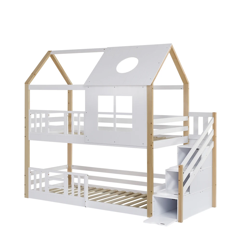 90 x 200 cm großes Etagenbett aus Kiefernholz und MDF – mit Stauraumtreppe, Fallschirmgitter, Fenster- und Dachdesign, weiß und natürliches Finish für Schlafzimmer – Detail 19