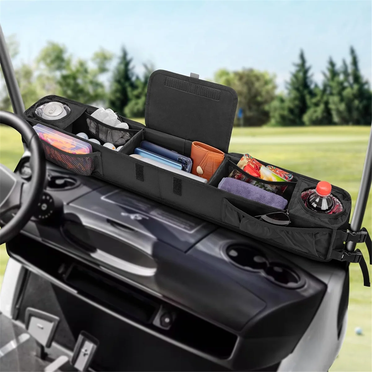 Golf Cart Front Storage Basket with Insulated Cup Holders, Dash Tray Organizer for EZGO, Golf Cart Storage Organizer 4