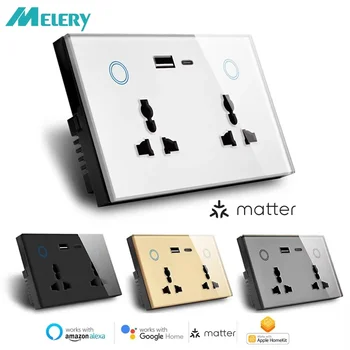 Melery Matter Thread Smart Wall Socket Tempered Glass USB Type-c Fast Charge Port 20W by Homekit Alexa Google Home SmartThings 1