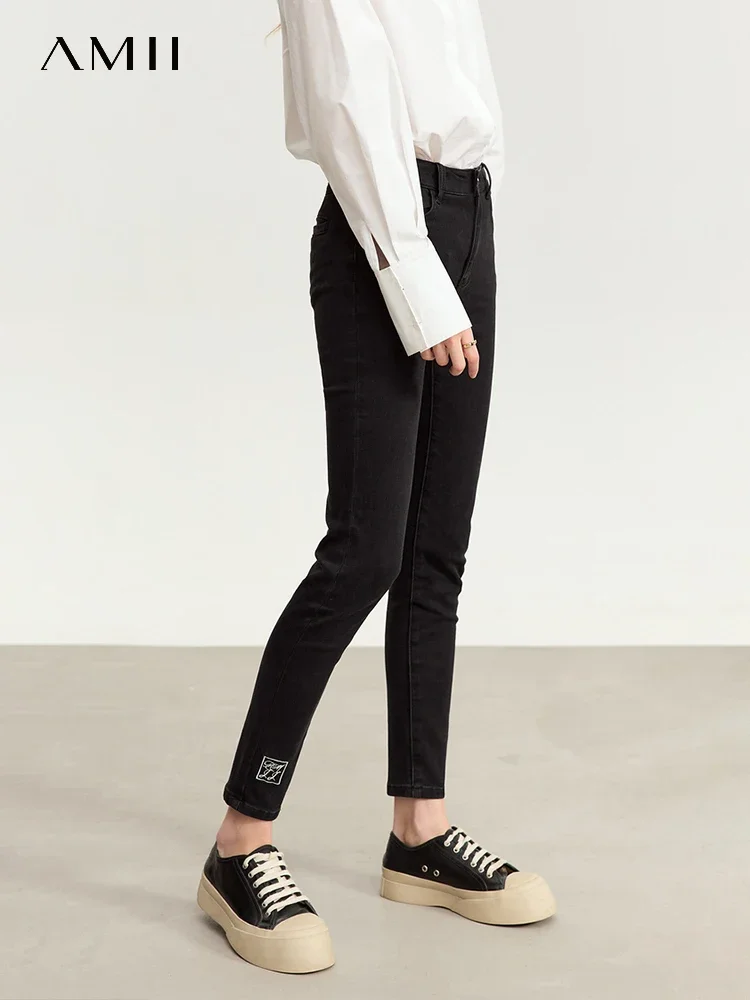 

AMII Embroidery Jeans For Women 2023 Autumn New Slim Foot Pants Cotton Elastic Denim Straight Casual Trousers Female 12343410