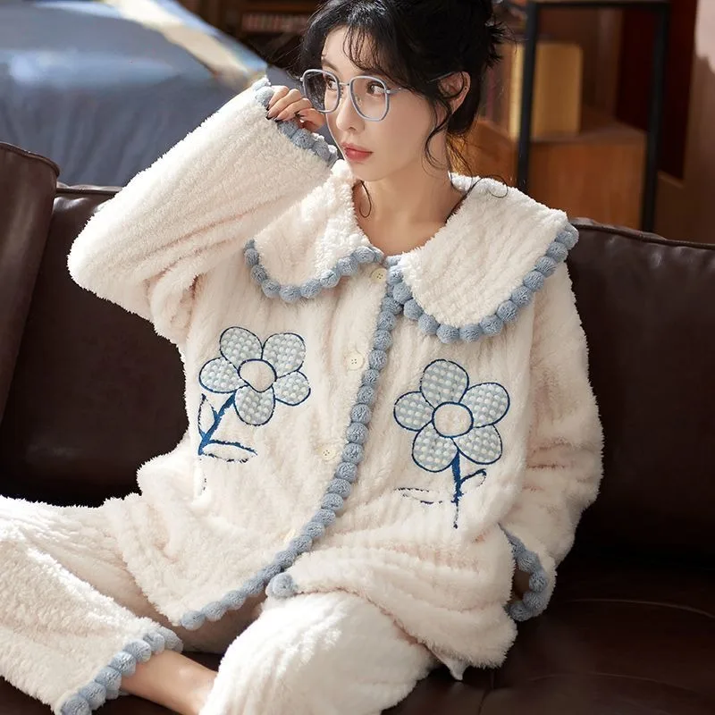 2024 New Autumn Winter Pajama Women's Flannel Hooded Thick Fleece Korean Version Student Coral Fleece Loungewear Warm Pajama