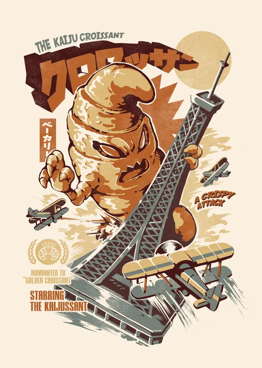 Vintage Japanese Kaijus Food Art Canvas: Sushi, Ramen, and Burgerzilla Poster