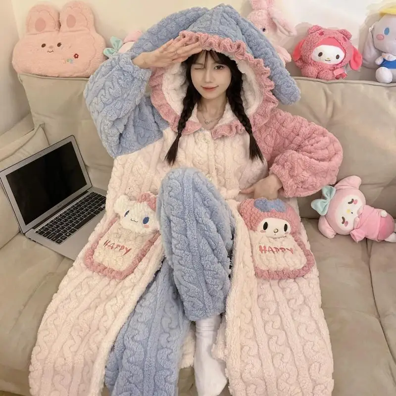 

Sanrio Kawaii Kuromi Hello Kitty Cartoon Pajama Winter Thickened Soft Warm Cinnamoroll Coral Velvet Pajamas Girls Nightdress Set