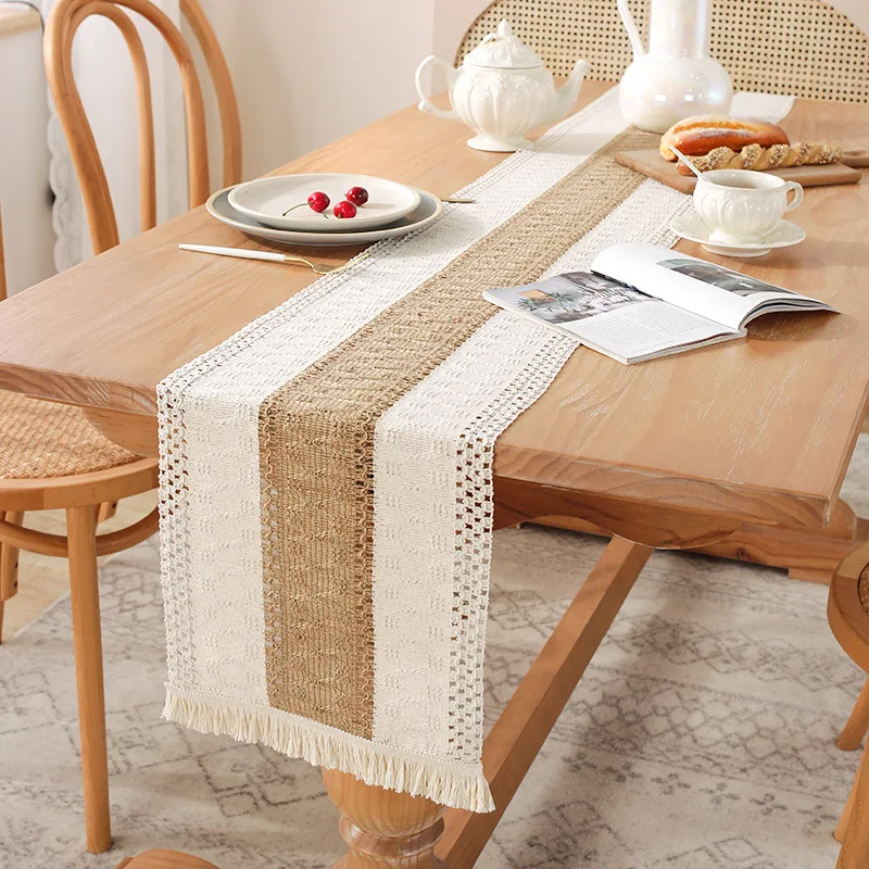 

Hand Woven Jute Natural Linen Table Runner with Tassels Rustic Country Wedding Birthday Christmas Decoration for Home tablecloth