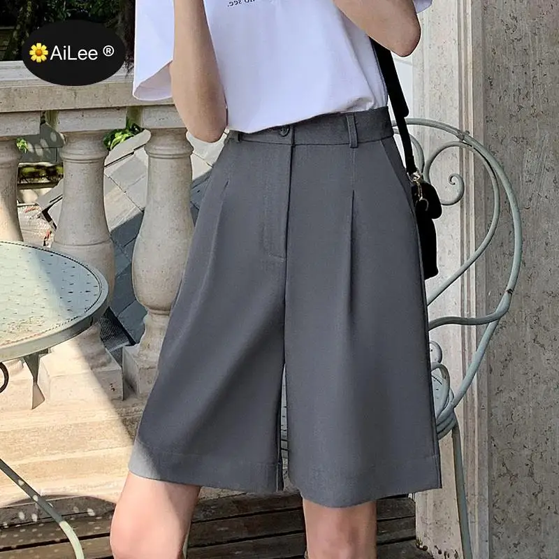 Suit Shorts Women Summer Button Knee Length Black Wide Leg Loose Drape Korean Style Shorts Womens Office BF Streetwear Simple