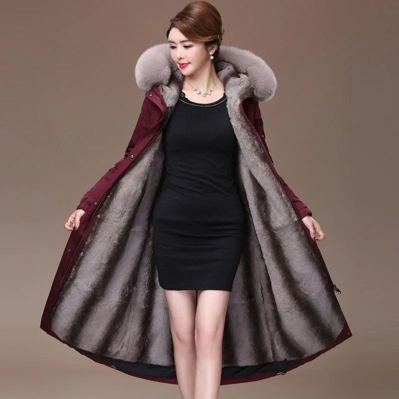 

2023 New Women Winter Faux Fur Coat Below The Knees Long Overcoat Mink Fleece Removable Inner Liner Jacket Thick Hooded Outwear