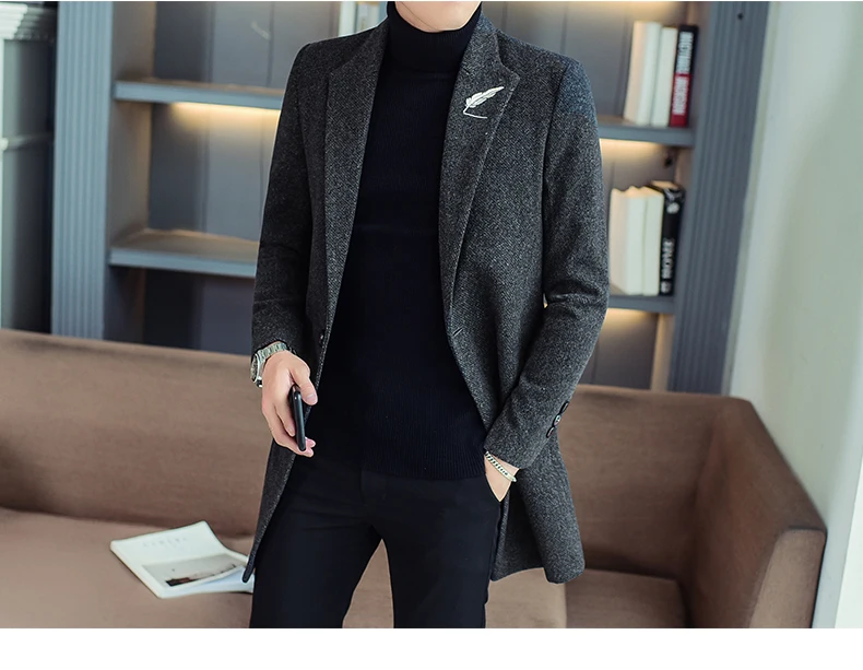 Business Casual 2026 Frühling Herbst Herren Einfarbige Wollmäntel Slim Fit Mittellange Trenchcoats Oberbekleidung Woll-Windbreaker Jacken – Detail 12
