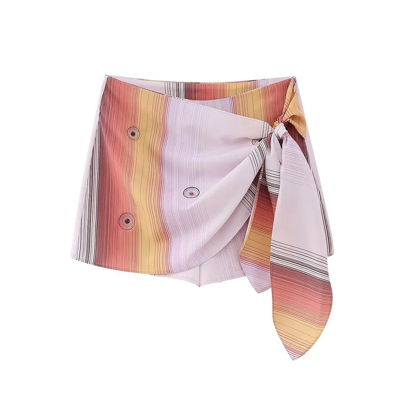 

Woman Sweet Striped Patchwork Skirt Shorts 2023 Summer Female Casual High Waisted Wrap Shorts Ladies Chic Embroidery Shorts