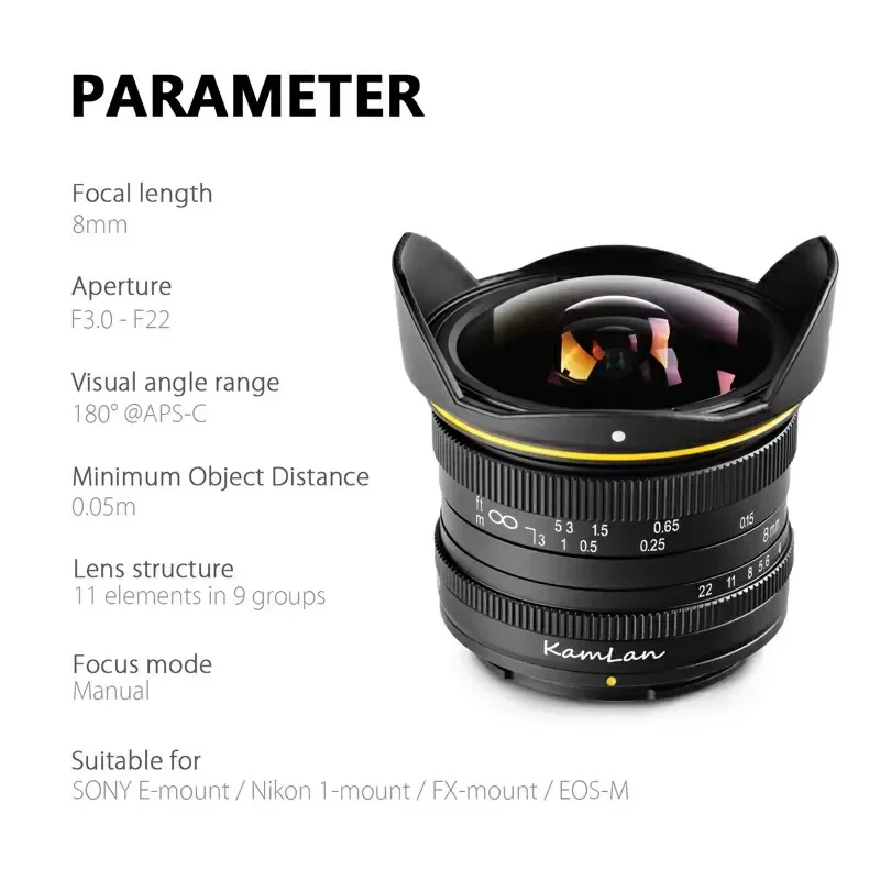 Kamlan 8mm F3.0 APS-C Messa a fuoco fissa grandangolare Obiettivo manuale puro Obiettivo per fotocamera Mirrorless per Canon Fuji Macro 4/3 - Image 2