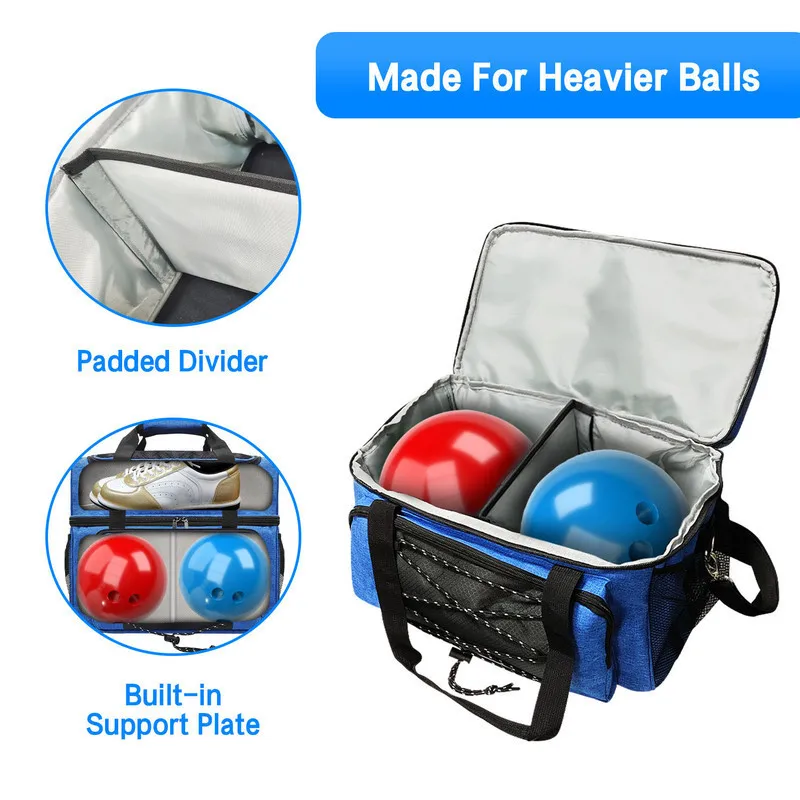Bowling Tote Bag with Padded Divider, Storage Bag for 2 Balls, 1 Pair of Bowling Shoes, Up to 16,