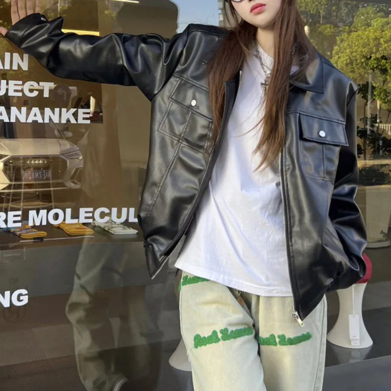 black-vintage-artificial-leather-jacket-women-korean-high-street-loose-coat-female-2023-autumn-outwear-zipper-chic-tops