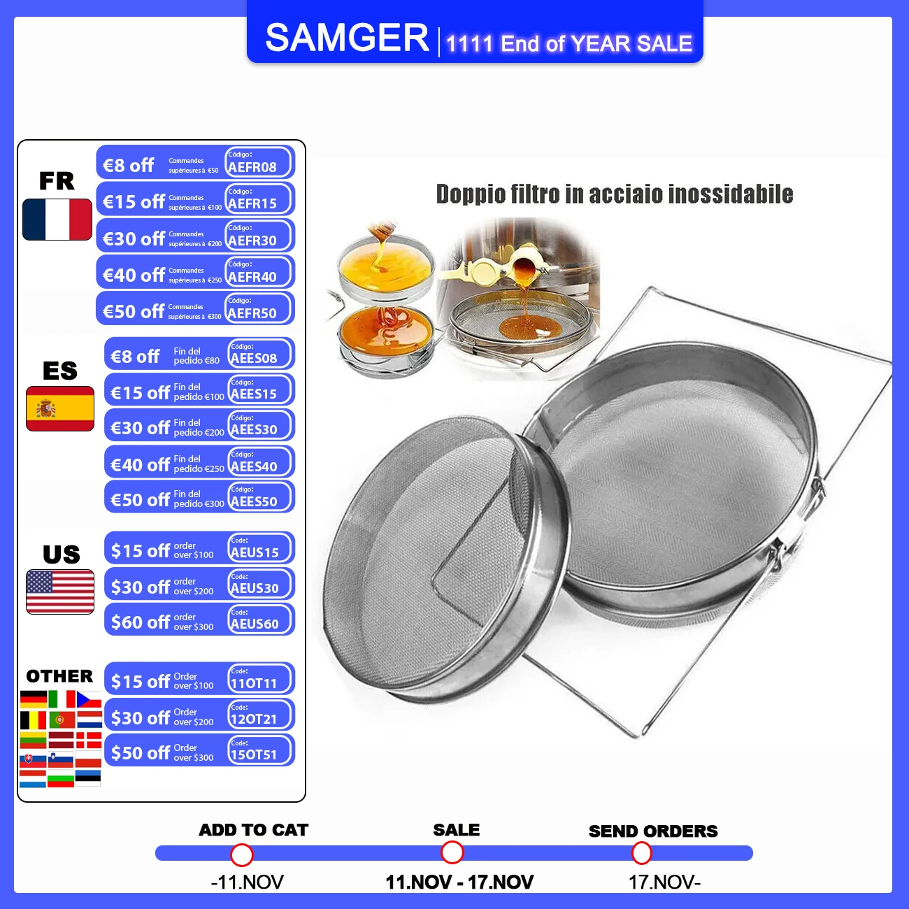 Filtro A Rete Con Filtro Per Miele In Acciaio Inossidabile Samger Filtro A Rete Con Filtro Per Impurità Di Miele D'Api A Doppia Rete Per Strumenti Di 