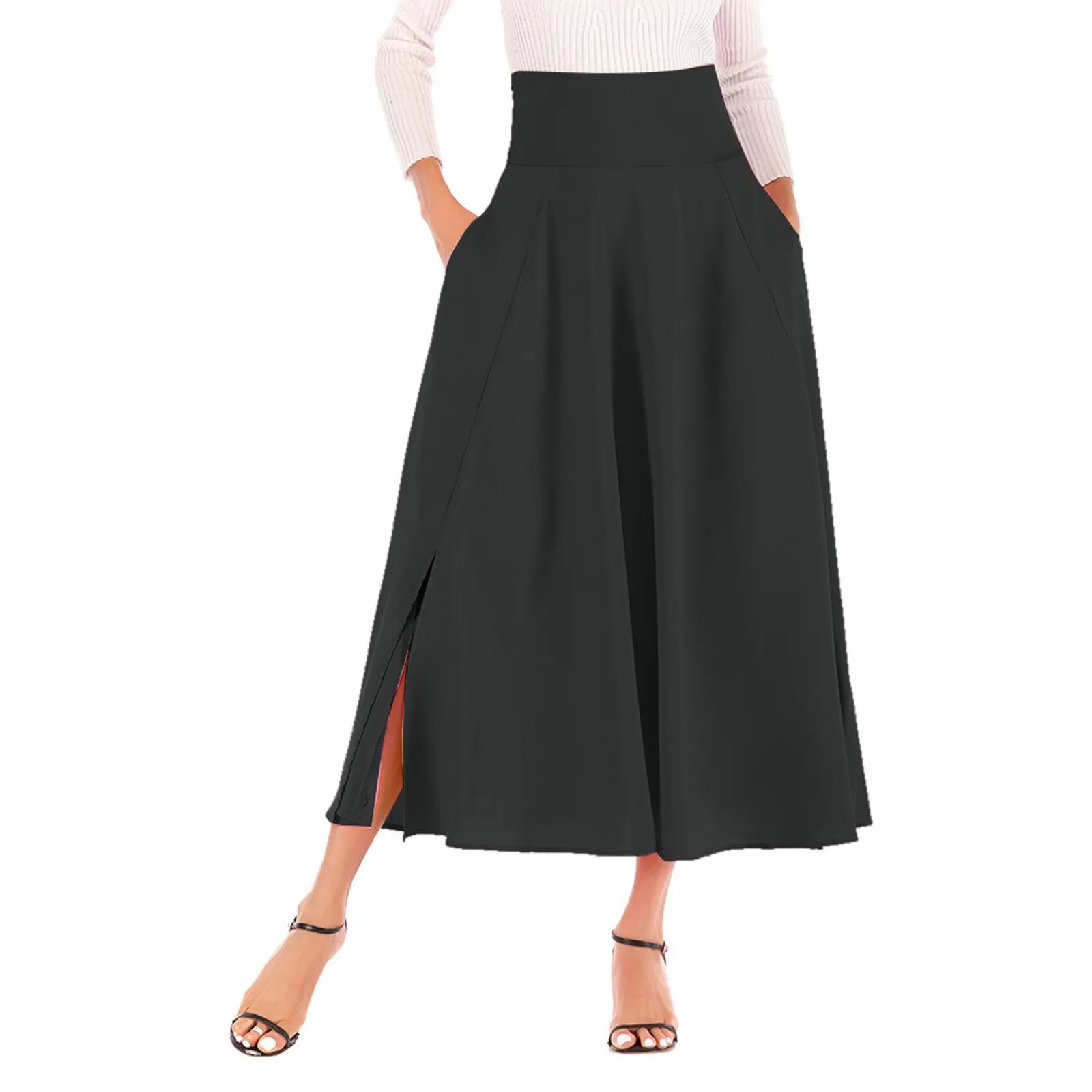 

Women's Casual Solid Color Side Split With Belt Pocket Zipper Half Skirts Slimming Temperament A- line Skirt faldas para mujeres