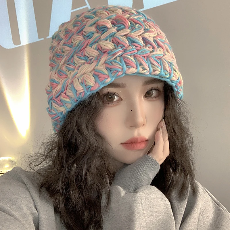 

Women's Autumn and Winter Thick Woolen Hat Women's Rainbow Gorgeous Warm Hand-knitted Hat Retro Mixing Basin Hat Panama Hat