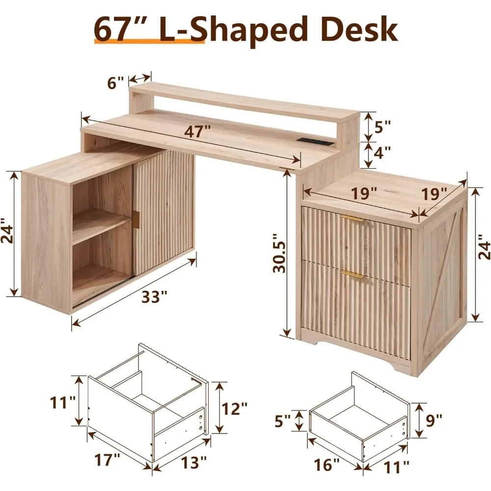 67" Modern L Shaped Desk with Storage Cabinet & Drawers, Wood Home Office Desk with Power Outlets, Fluted Computer Wr 2