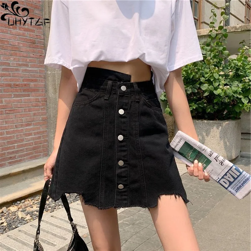 

UHYTGF Denim Skirt Womens Summer Large Size S-5XL Irregular High Waist Single Breasted Black Ladies Cowboy Bag Buttock Skirt 251