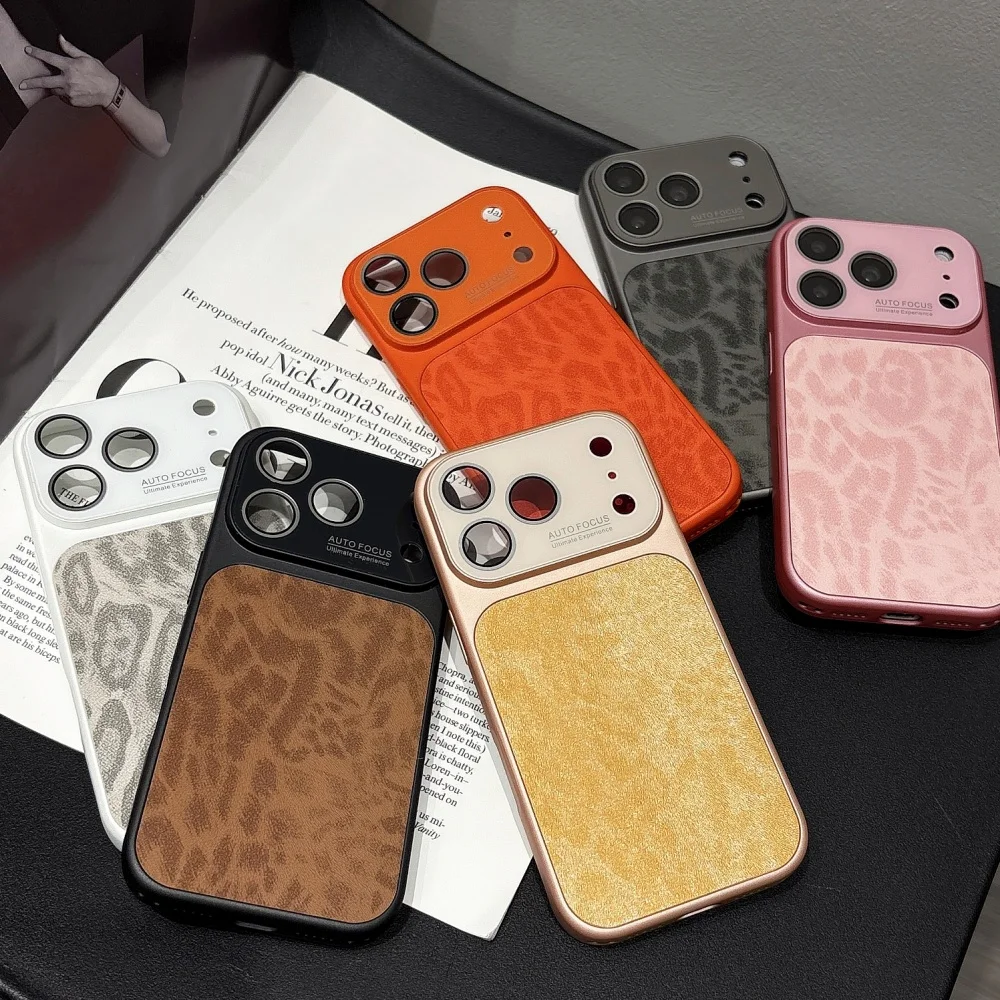 Luxury Leather Leopard Print Phone Case – Matte Shockproof Full Bumper with Large Window Design