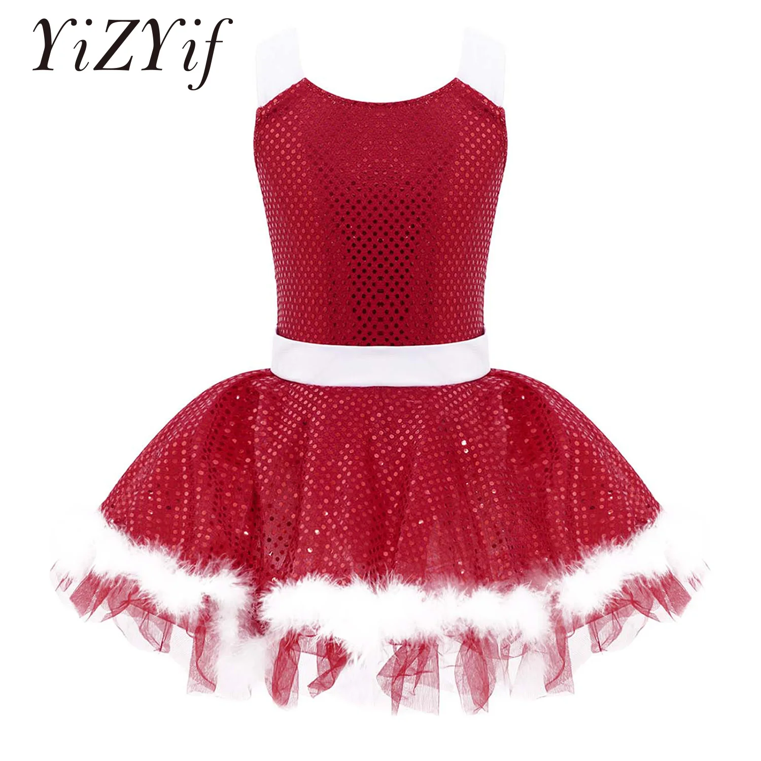 

Kids Girl Ballet Tutu Dress Figure Skating Latin Dance Leotard Performance Dancewear Sequin Faux Fur Christmas Elf Party Costume