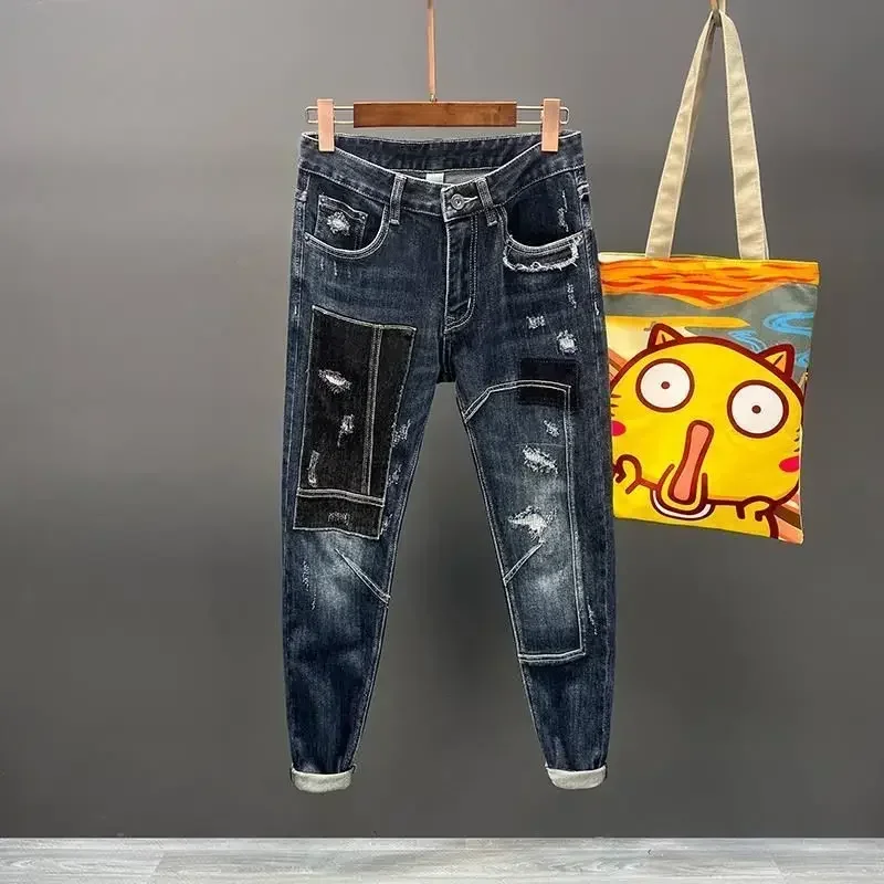 Pantalones vaqueros elásticos para hombre, pantalones vaqueros para hombre con parches rotos y agujeros, ajustados, rotos, elásticos, ajustados, ajustados, rasgados, estilo Harajuku, tallas XS