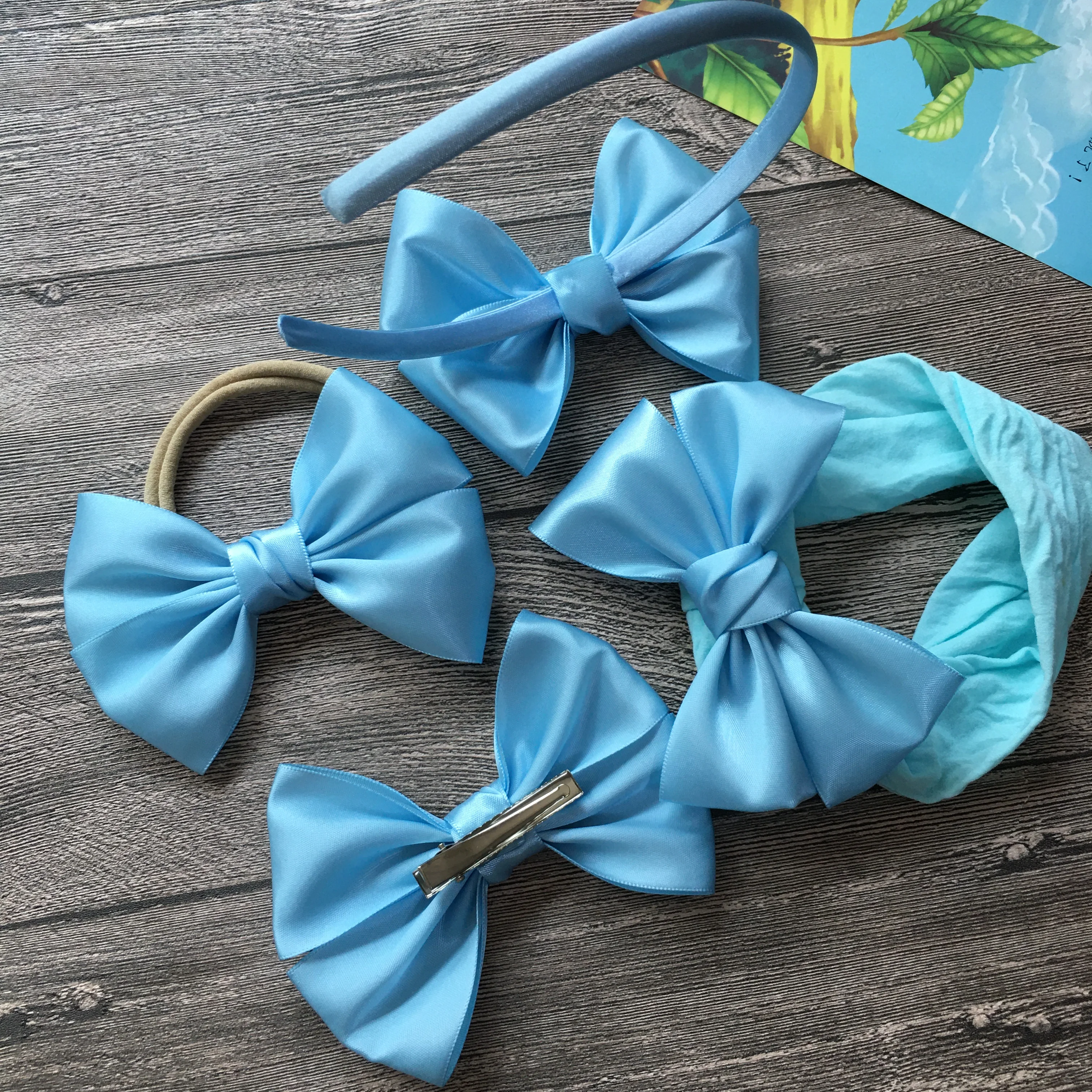 Pack of 10Pcs 4.0 Inch Sky Blue / Navy Satin Bow With Elastic Headbands Wide Nylon Headbands For Baby Girls Kids Party Headwear 3
