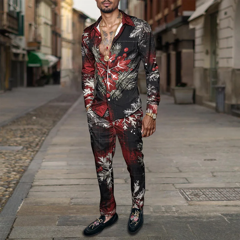 2025 Spring Summer Men Shirt Set Christmas Print Fashion Gingerbread Man Two Piece Set Mens Snowman Lightweight Party Long Sleev_voghion.com