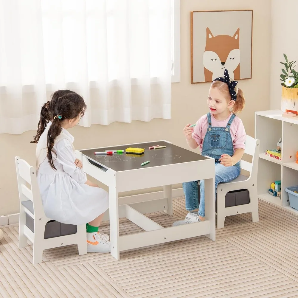 3-in-1 Children Wooden Activity Table and 2 Chairs for Art Craft, Storage Drawer&Box, 3-Piece Toddler Furniture Set
