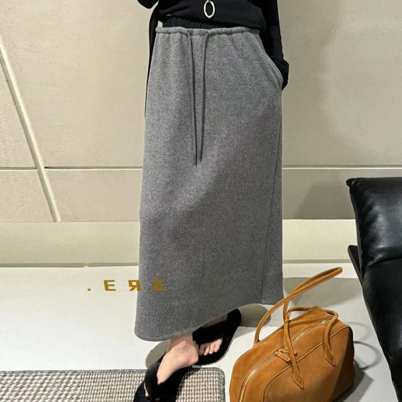 Korean Style Pregnant Woman Drawstring Waist Long Step Skirt with Pockets Back Split Long Loose Casual Maternity Cashmere Skirts