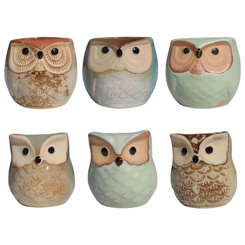 

Succulent Pots 6pcs Ceramic Flower Pot Owl Shape Cactus Pots With Drainage Holes Cute Tiny Animal Succulent Container