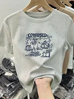 Cotton ort Sve T-irt Women's Slim Fit round Ne Printed Top Korean Sle Summer Faion Versatile Commute Wind irt