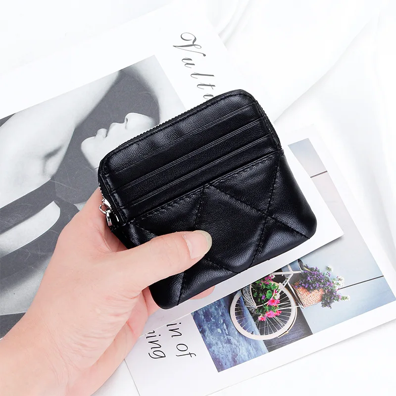 Woman Coin Purse Zipper Wallet Grid Pattern Genuine Leather Card Bag Women Square Pouch Quilted Argyle Functional Toast Wallet