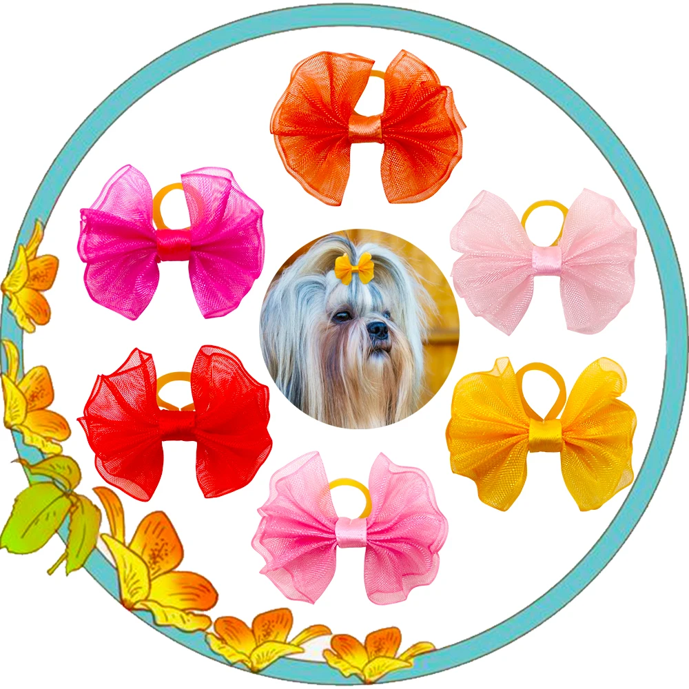 20pcs Lace Dog Bows Dog Hair Bows With Rubber Bands Butterfly Grooming Cute Boutique Gift Pet Bowknot For Puppy Cat Pet Headwear 2