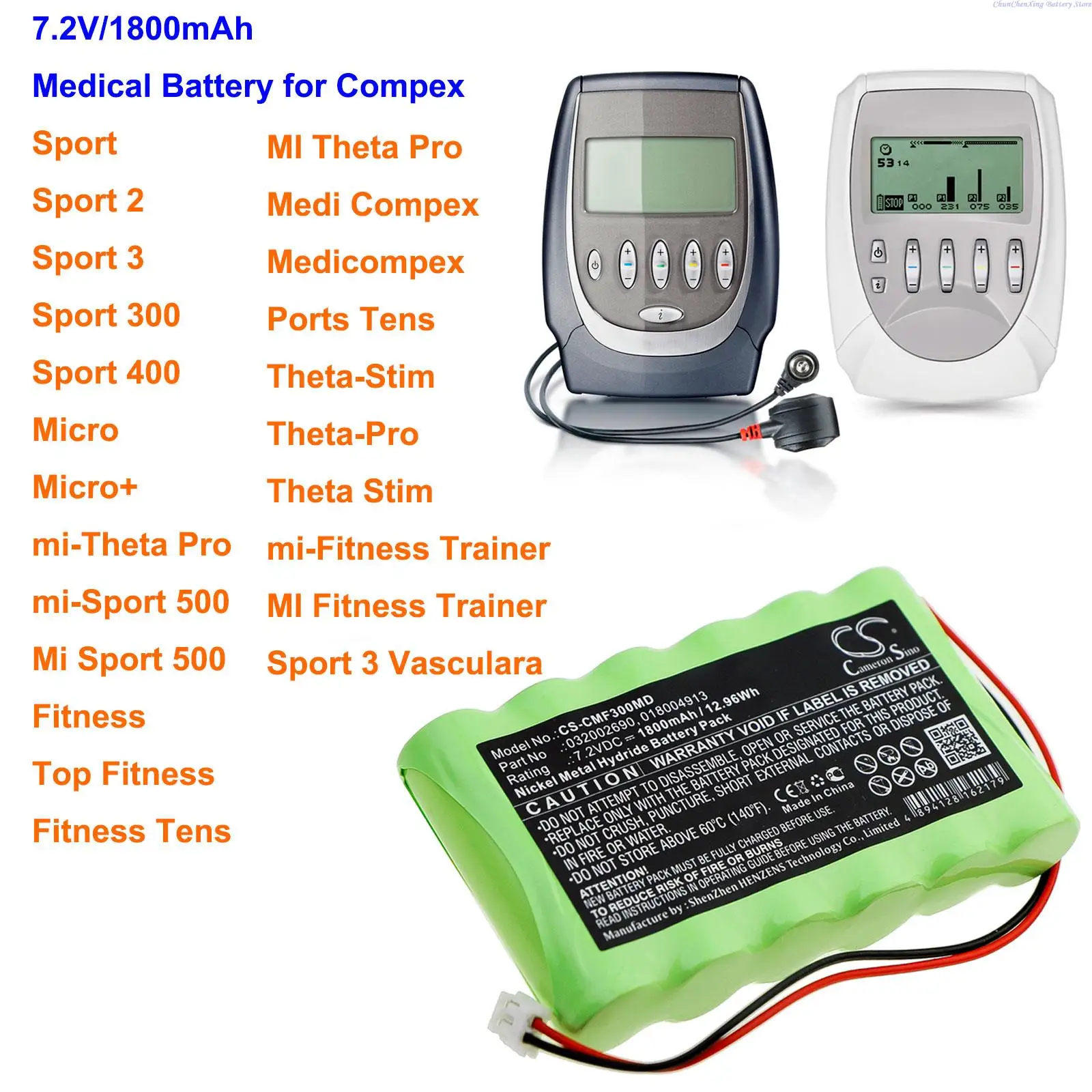 Batteria Greenbattey 1800Mah Per Compex Mi Fitness Trainer,Mi Sport 500,Theta-Stim,Theta-Pro,Mi Theta Pro,Sport 3 Vascolare