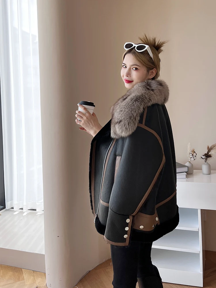Winter Women Luxury Fox Fur Collar Moto Biker Natural Shearling Jacket Real Fur Wool Lining Loose Fit Coat Thick Warm Overcoat