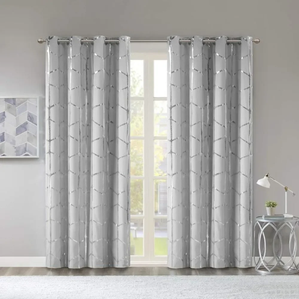 

Total Blackout Metallic Print Grommet Top Single Window Curtain Panel Thermal Insulated Light Blocking Drape for Bedroom Living