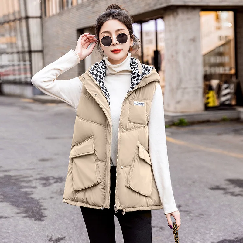 Winter Thick Warm Down Cotton Hooded Vest Women Windproof Sleeveless Cardigan Zipper Pocket Korean Parkas Vests Loose Outerwear