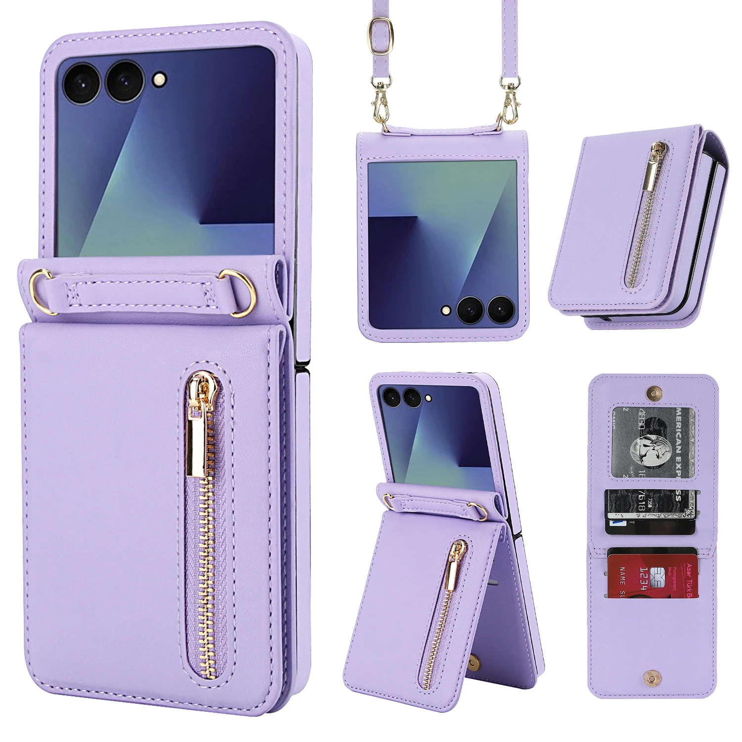 Leather Wallet Phone Case with Zipper Pocket, Kickstand, and Crossbody Strap - Shockproof and Protective