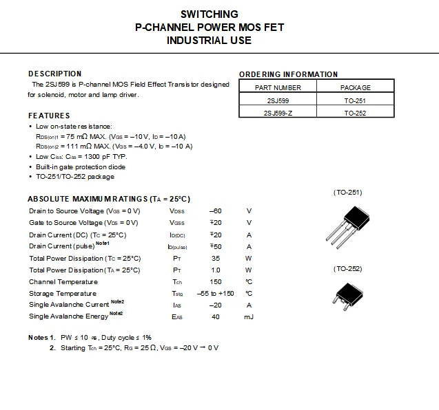 10PCS Original Genuine J599 2SJ599 TO252