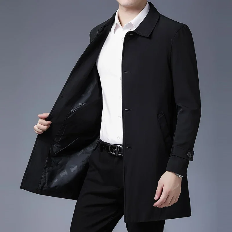 Mens Spring Jacket Men's Business Casual Black Khaki Long Jacket Top Quality Single Breasted Solid Trench Coat