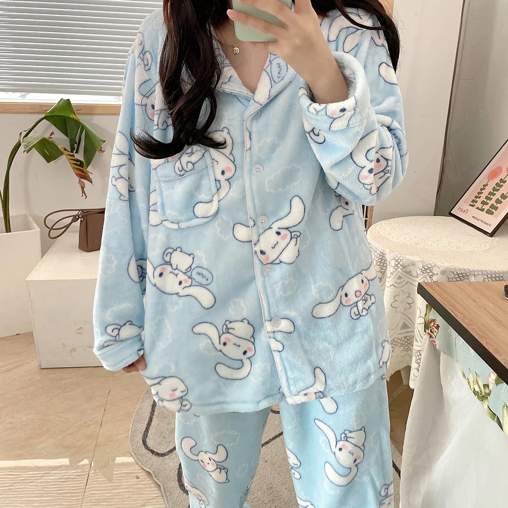 

Sanrio Cartoon Figure Cinnamoroll Coral Velvet Pajama Set My Melody Onpompurin Cute Autumn Winter Women's Warm Home Clothing
