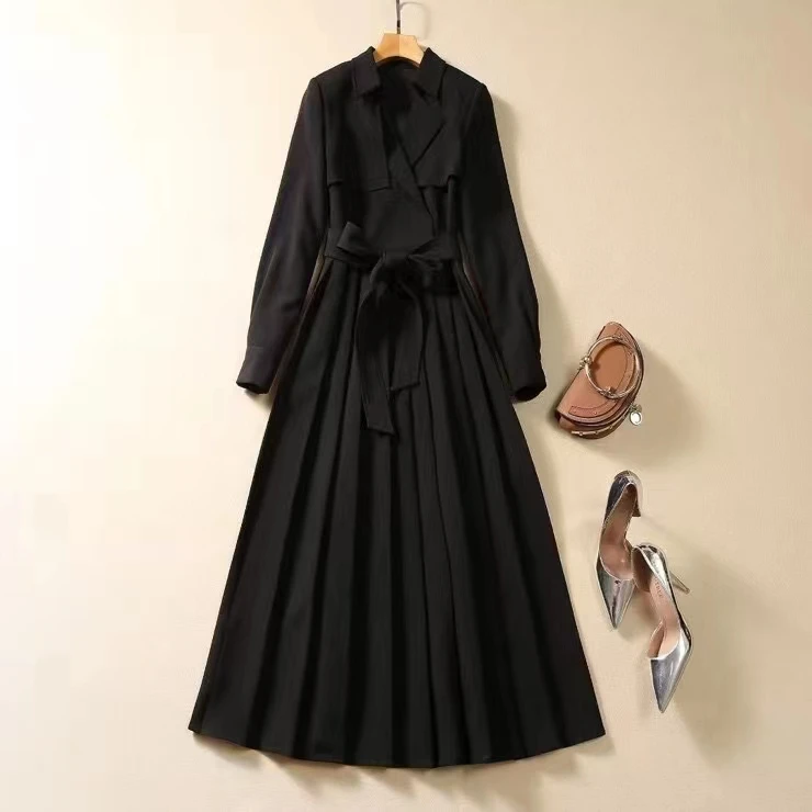 

European and American women's clothing 2023 autumn new Suit collar Long sleeve black belt Fashion pleated dress XXL